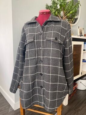 Women's Gray Windowpane Button-Front Utility Shacket Jacket Flannel Wool Blend
